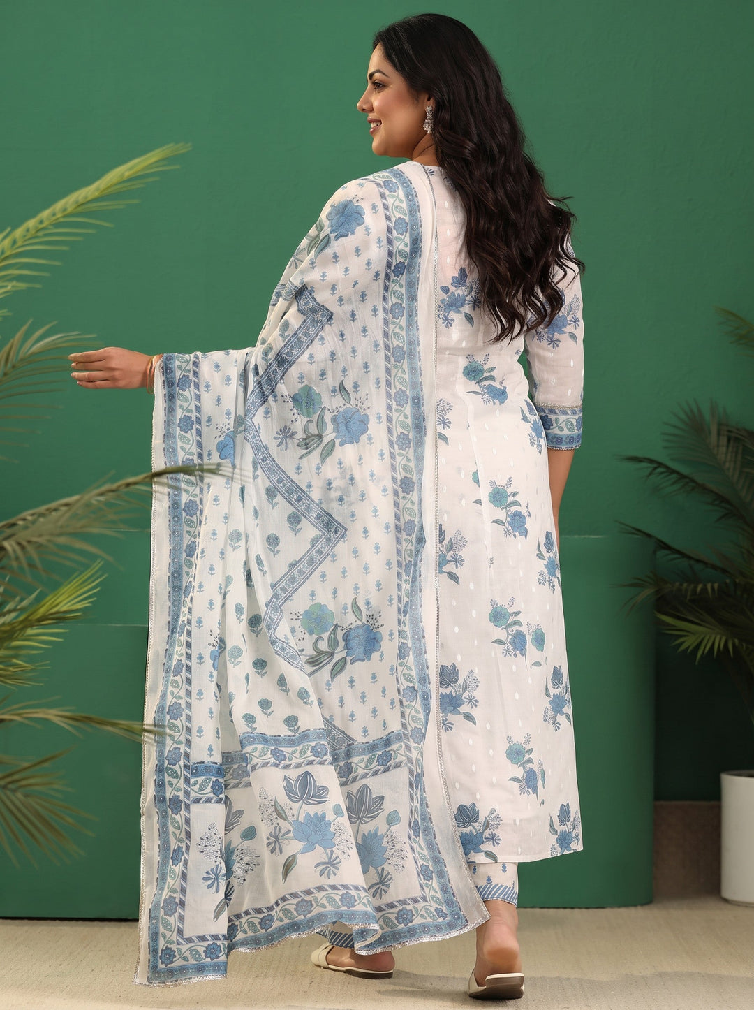  Plus Size White Floral Printed Cotton Anarakali Suit Set 