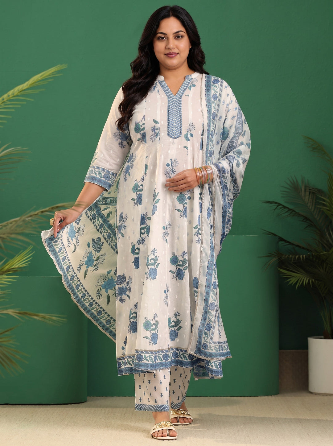  Plus Size White Floral Printed Cotton Anarakali Suit Set 