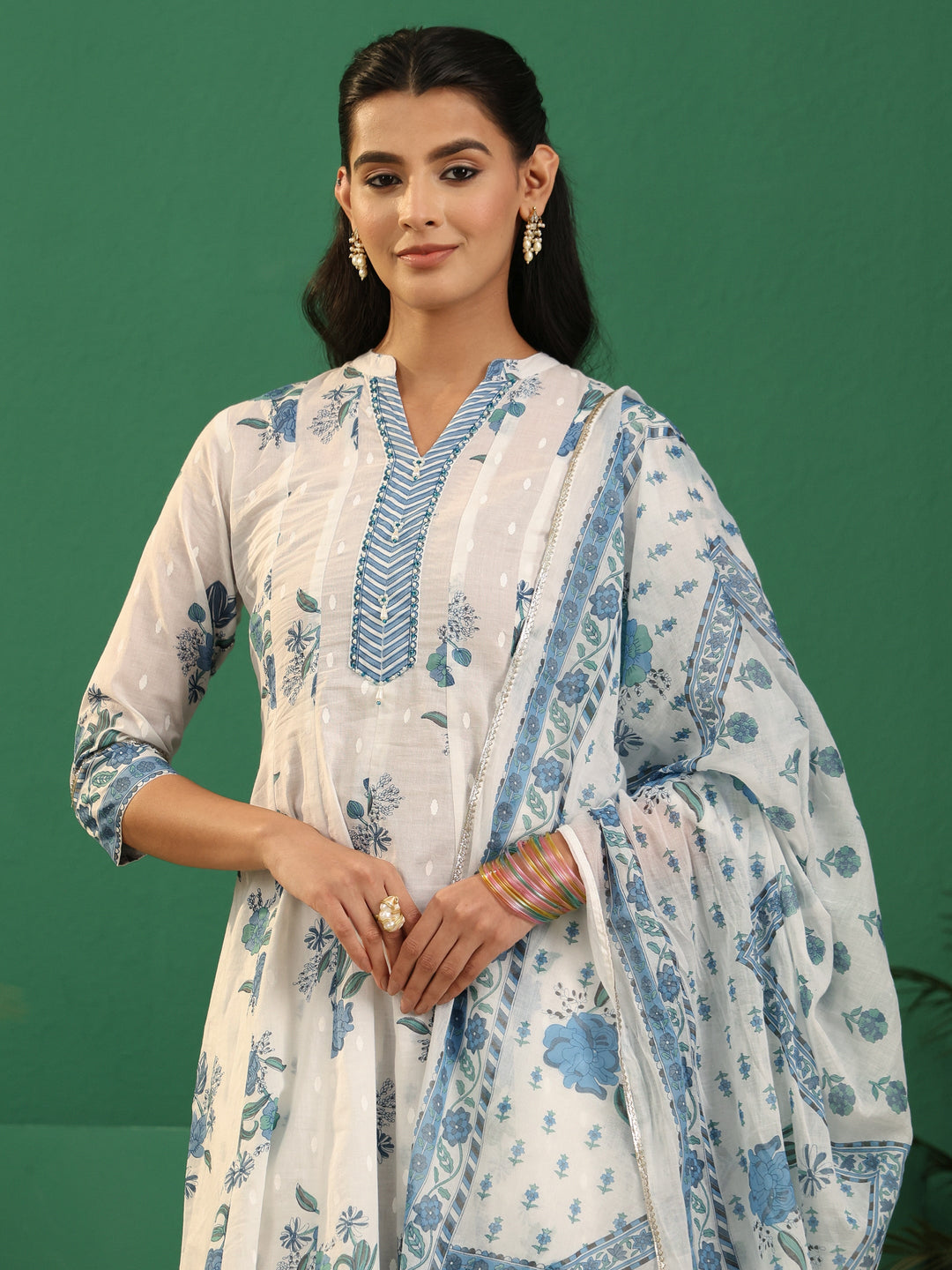  Libas White Floral Printed Cotton Anarakali Suit Set 