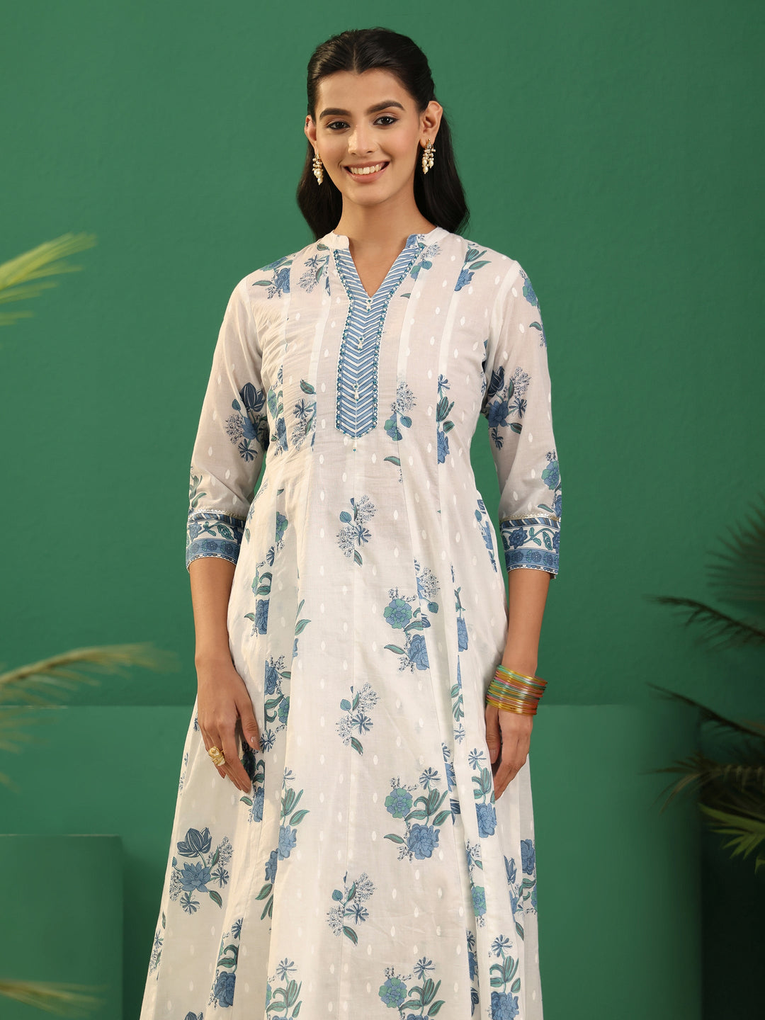  Libas White Floral Printed Cotton Anarakali Suit Set 