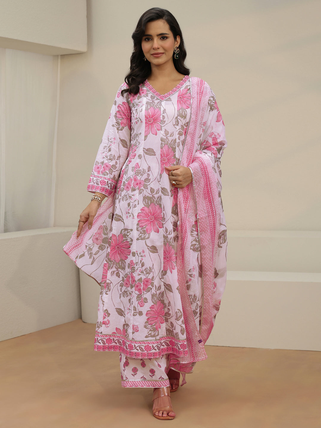  Libas White Floral Printed Cotton Anarkali Suit Set 