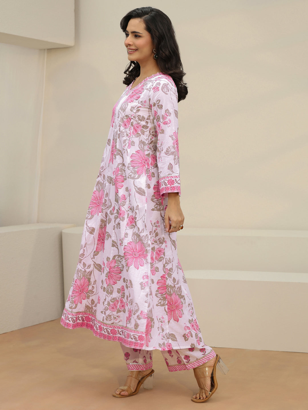  Libas White Floral Printed Cotton Anarkali Suit Set 