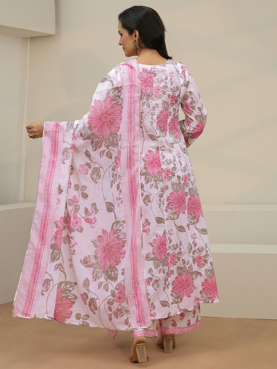  Libas White Floral Printed Cotton Anarkali Suit Set 