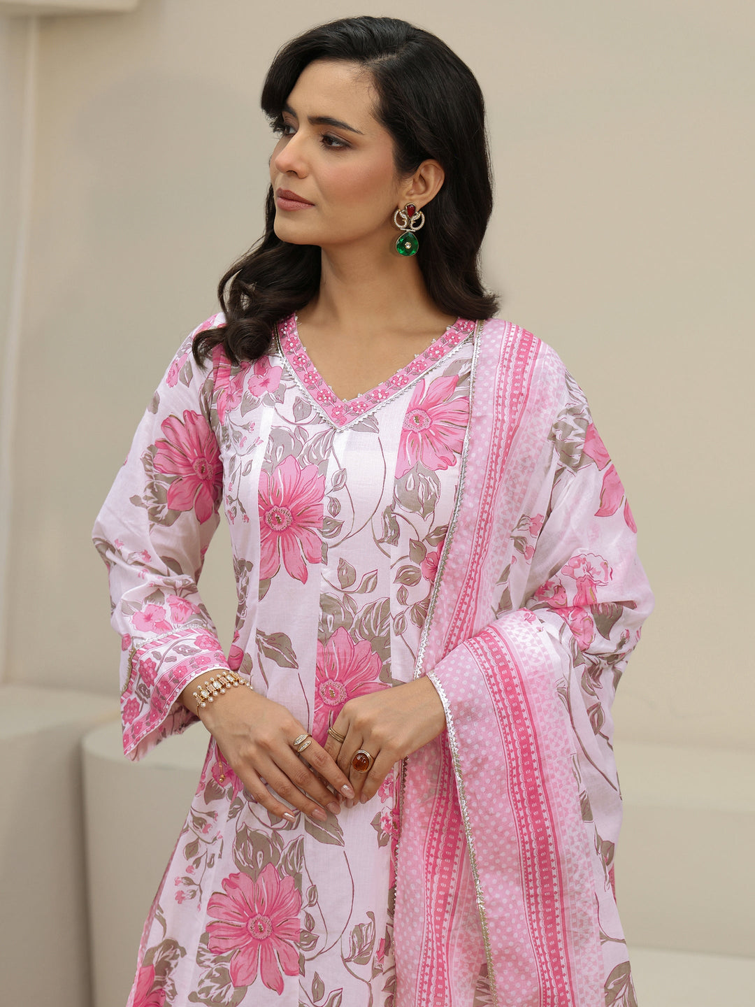  Libas White Floral Printed Cotton Anarkali Suit Set 