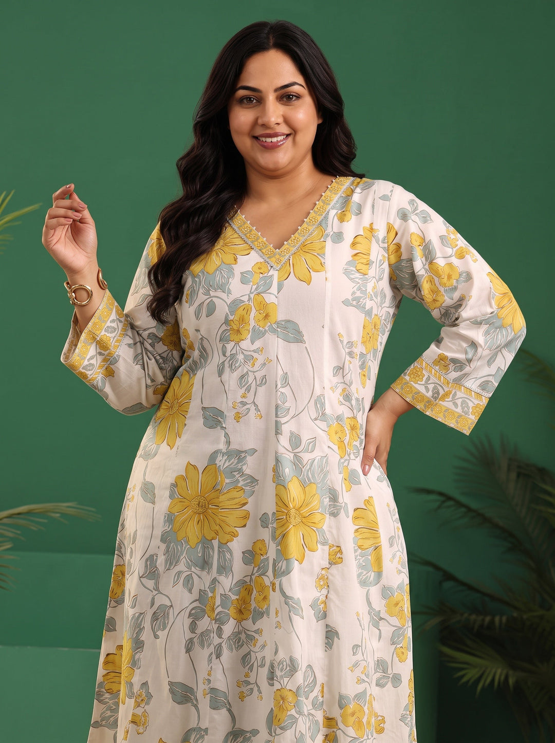  Plus Size White Floral Printed Cotton Anarkali Suit Set 