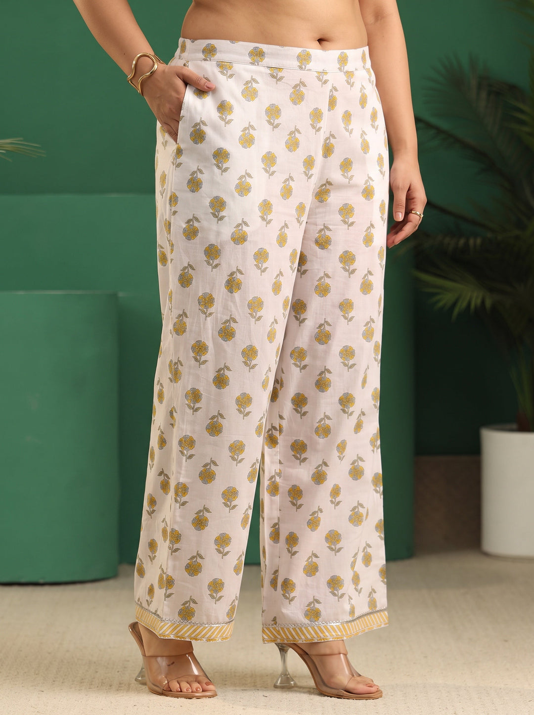  Plus Size White Floral Printed Cotton Anarkali Suit Set 