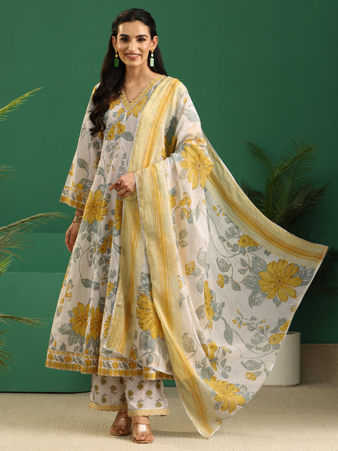  Libas White Floral Printed Cotton Anarkali Suit Set 