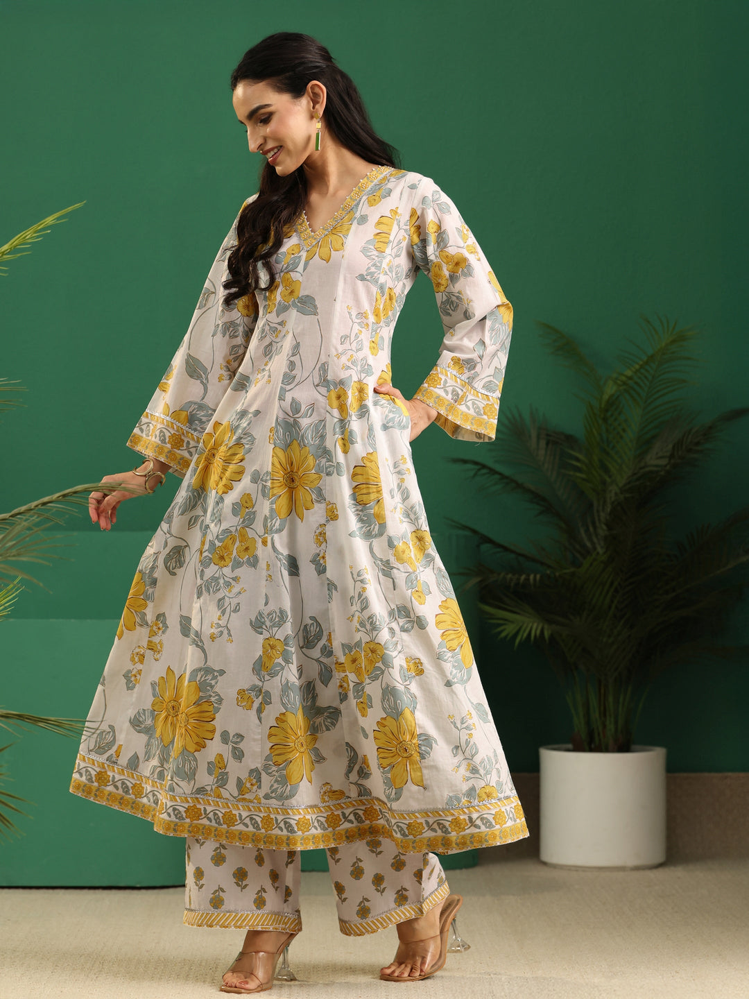  Libas White Floral Printed Cotton Anarkali Suit Set 
