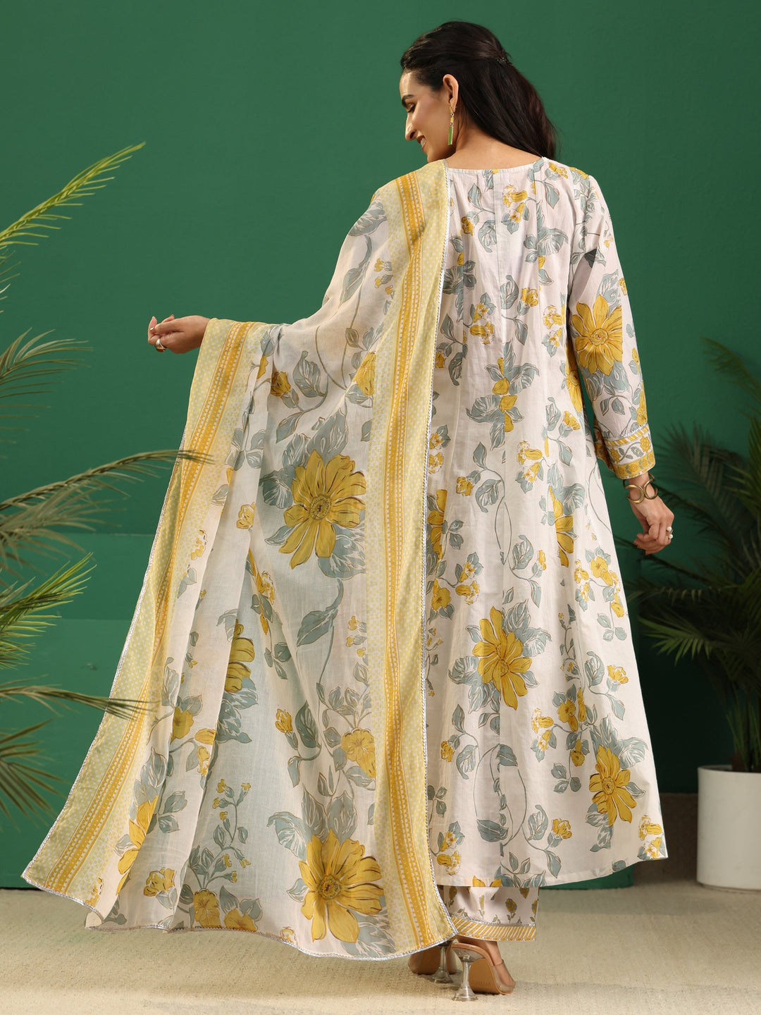  Libas White Floral Printed Cotton Anarkali Suit Set 