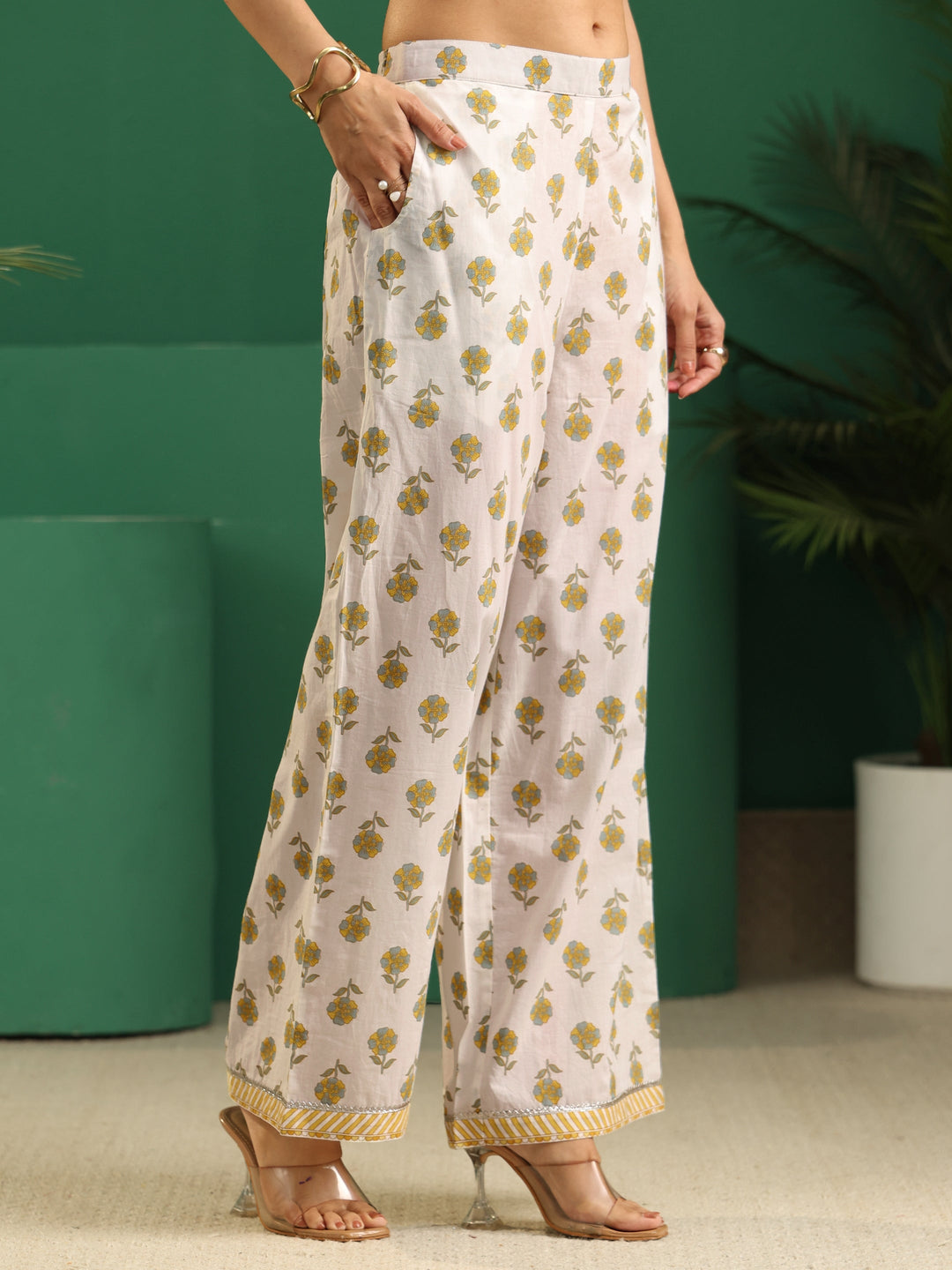  Libas White Floral Printed Cotton Anarkali Suit Set 