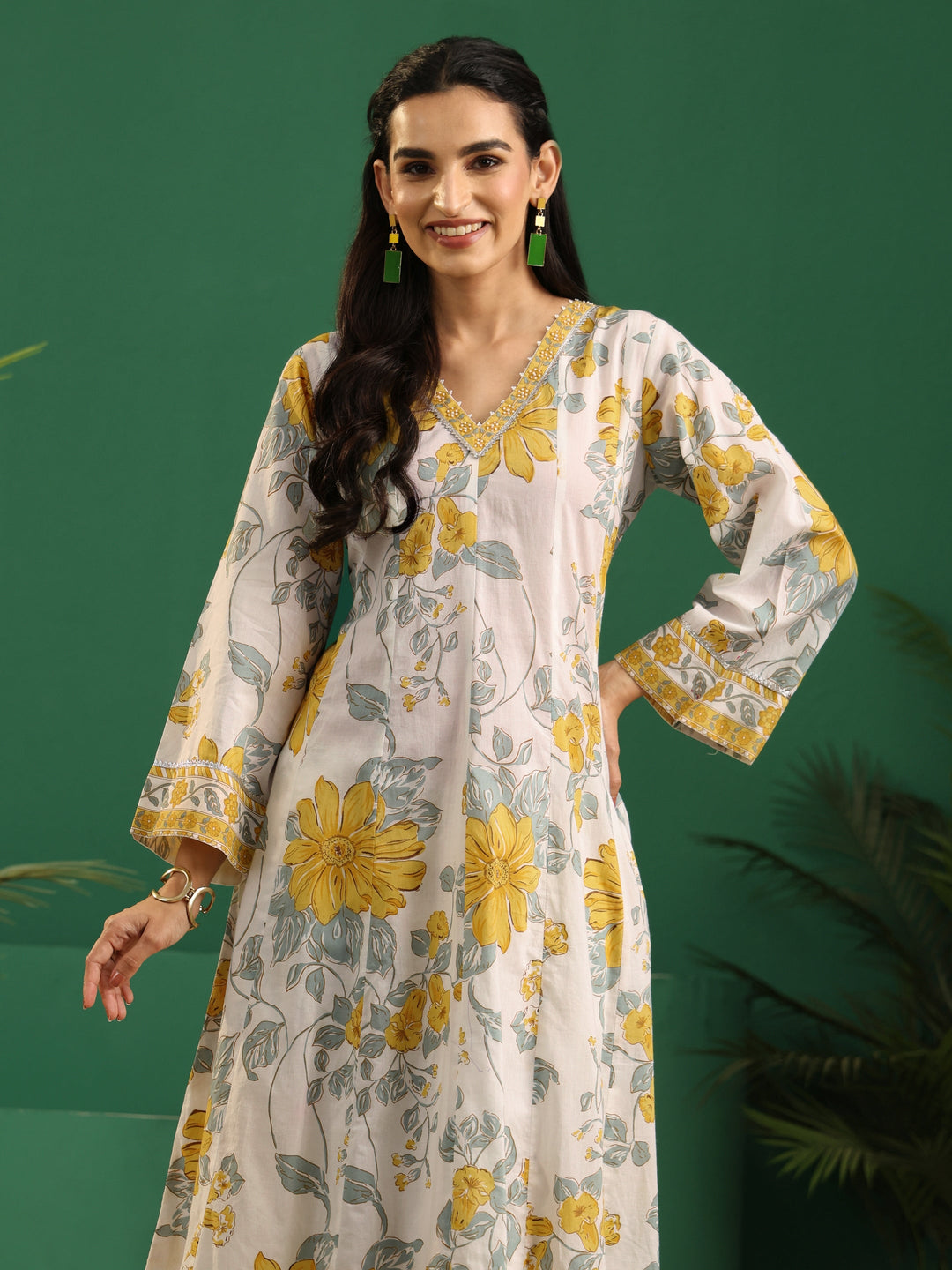  Libas White Floral Printed Cotton Anarkali Suit Set 