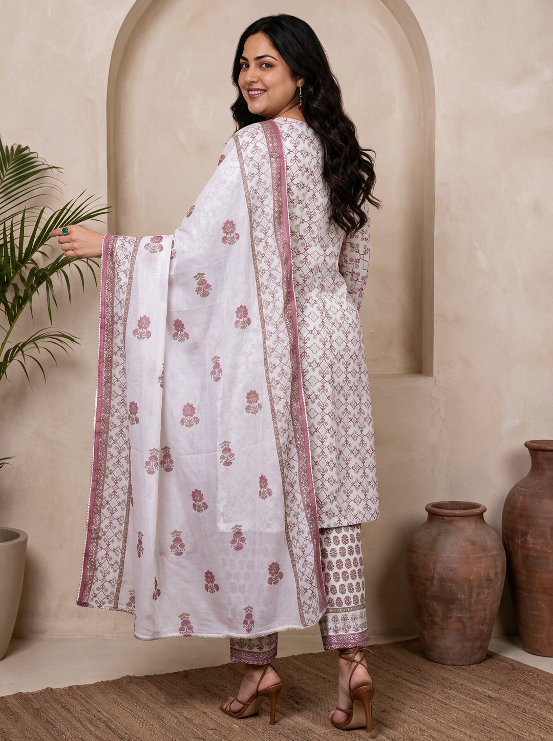  Plus Size White Floral Printed Cotton A-Line Suit Set 