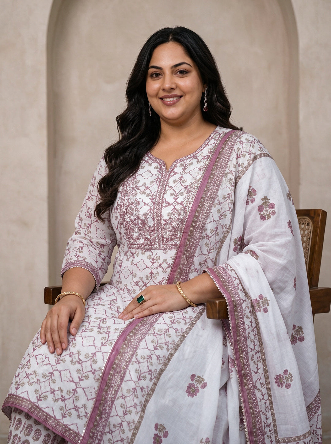  Plus Size White Floral Printed Cotton A-Line Suit Set 
