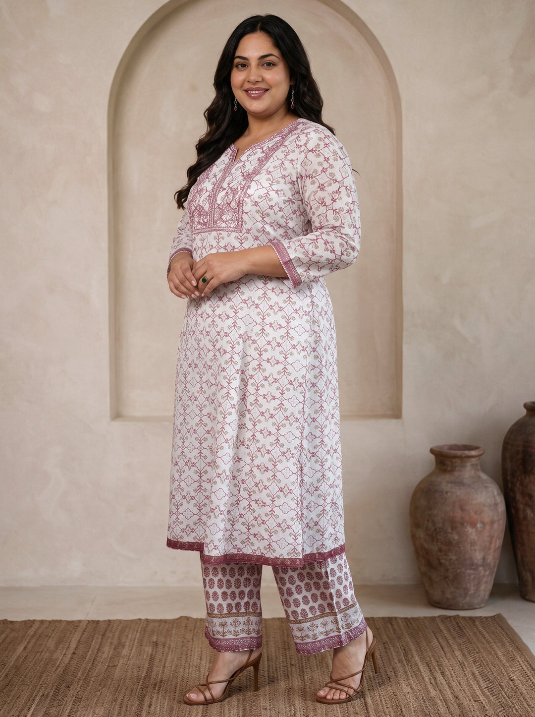  Plus Size White Floral Printed Cotton A-Line Suit Set 