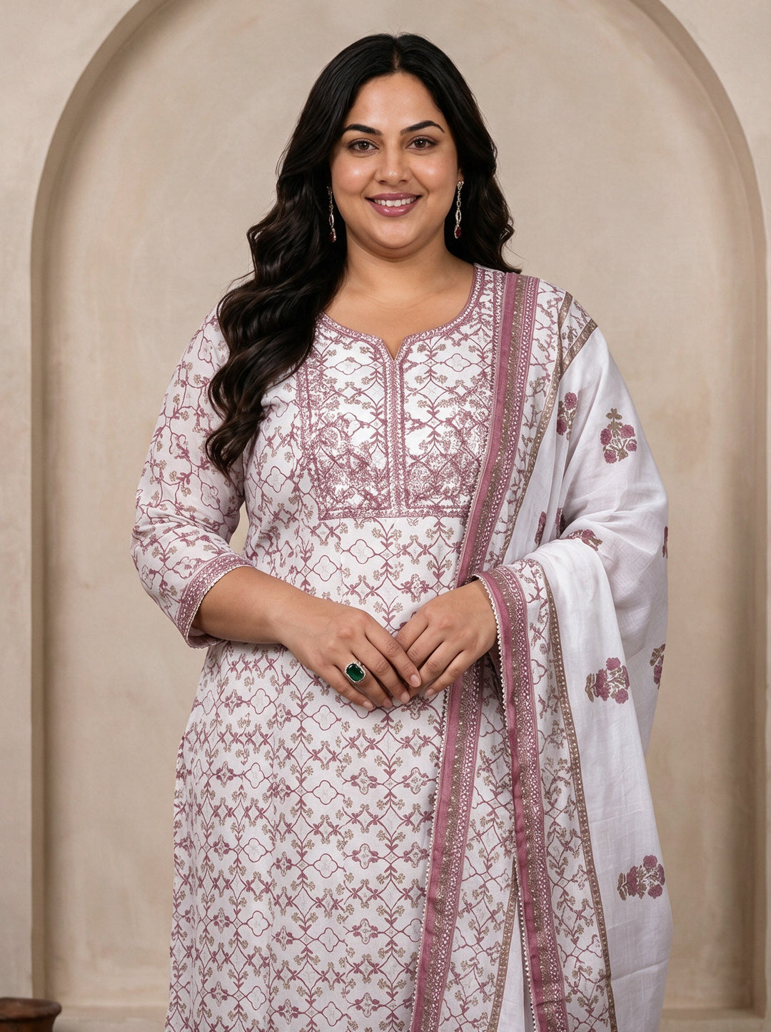  Plus Size White Floral Printed Cotton A-Line Suit Set 