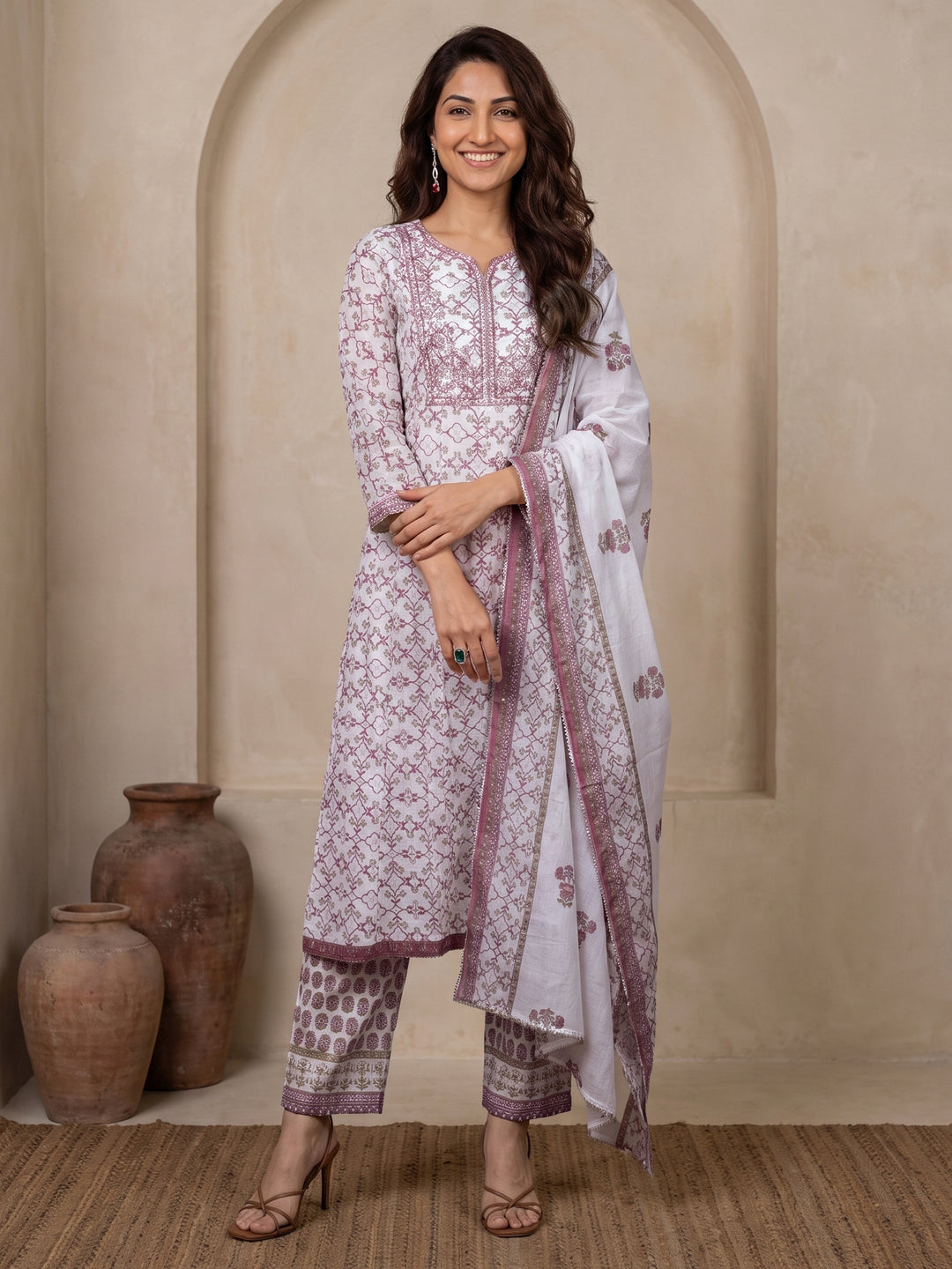  Libas White Floral Printed Cotton A-Line Suit Set 