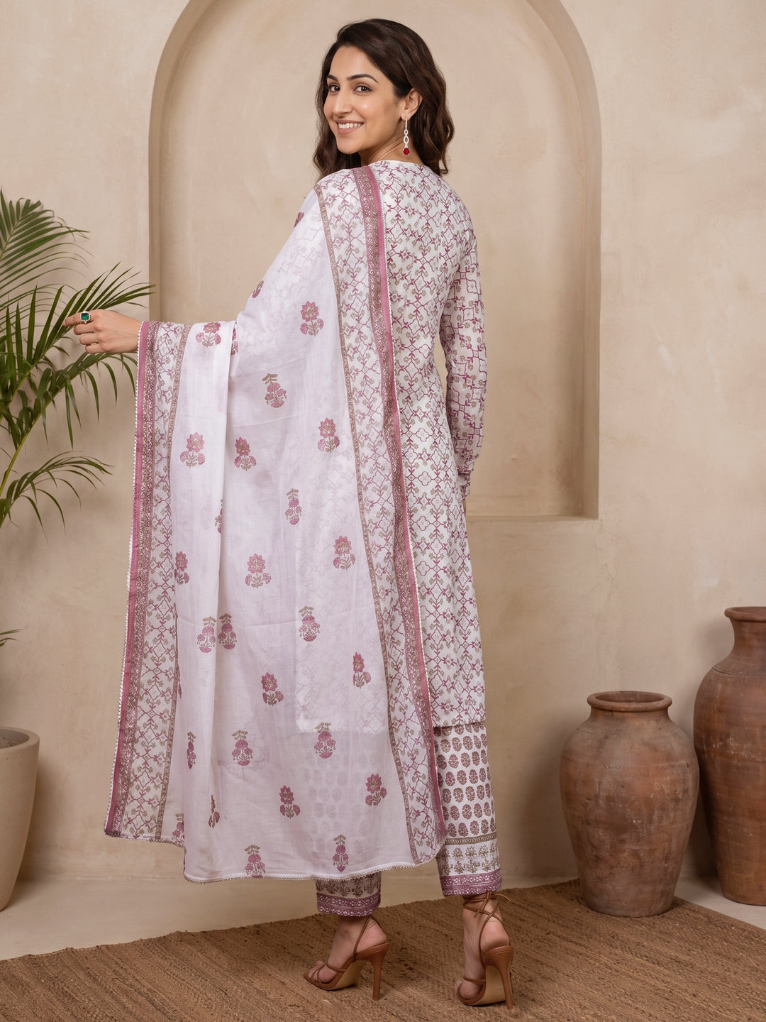  Libas White Floral Printed Cotton A-Line Suit Set 