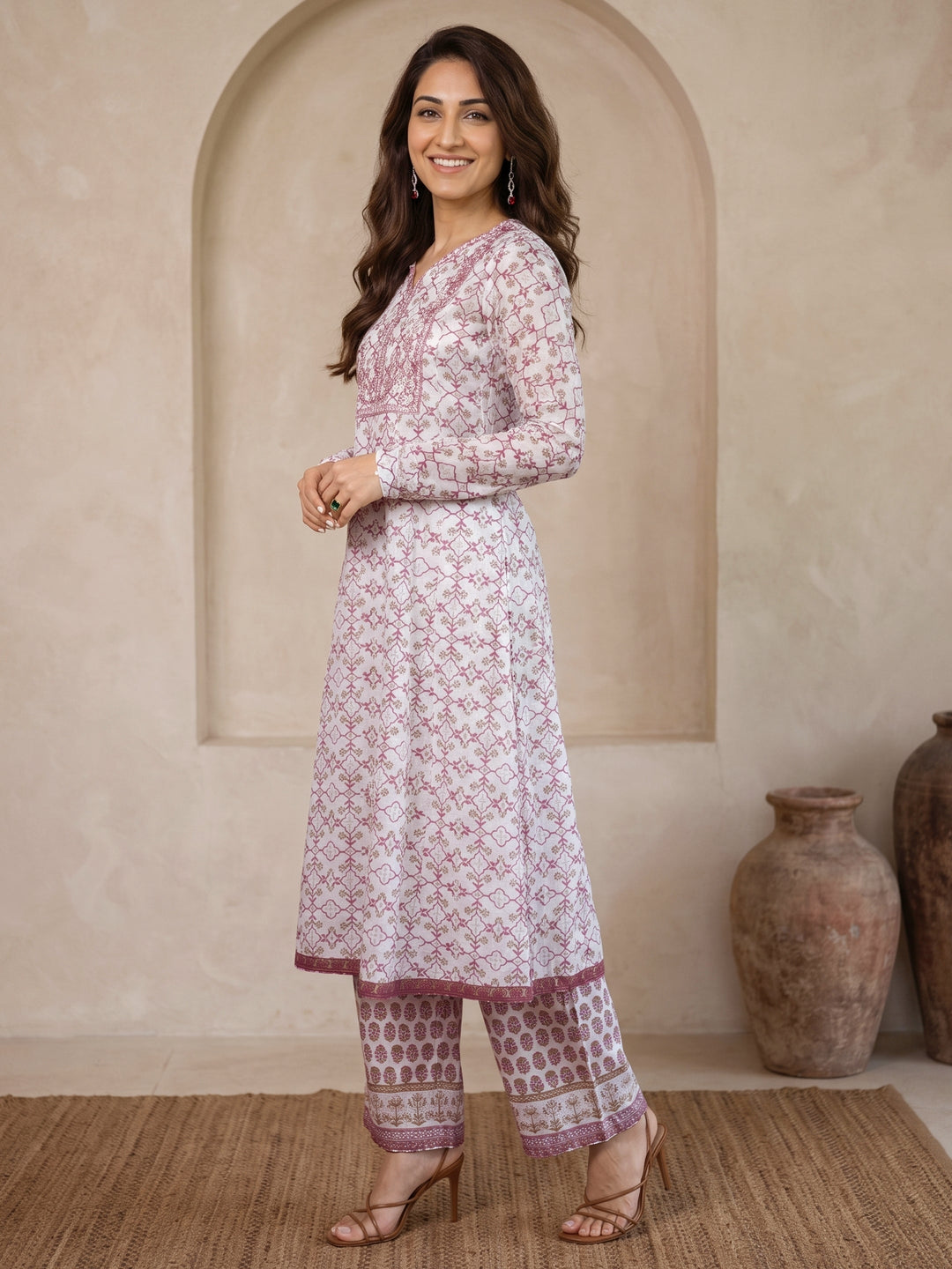  Libas White Floral Printed Cotton A-Line Suit Set 