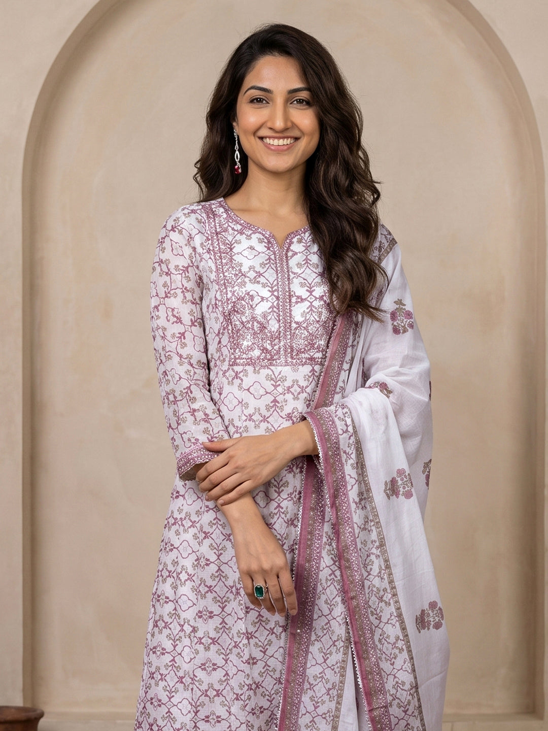  Libas White Floral Printed Cotton A-Line Suit Set 