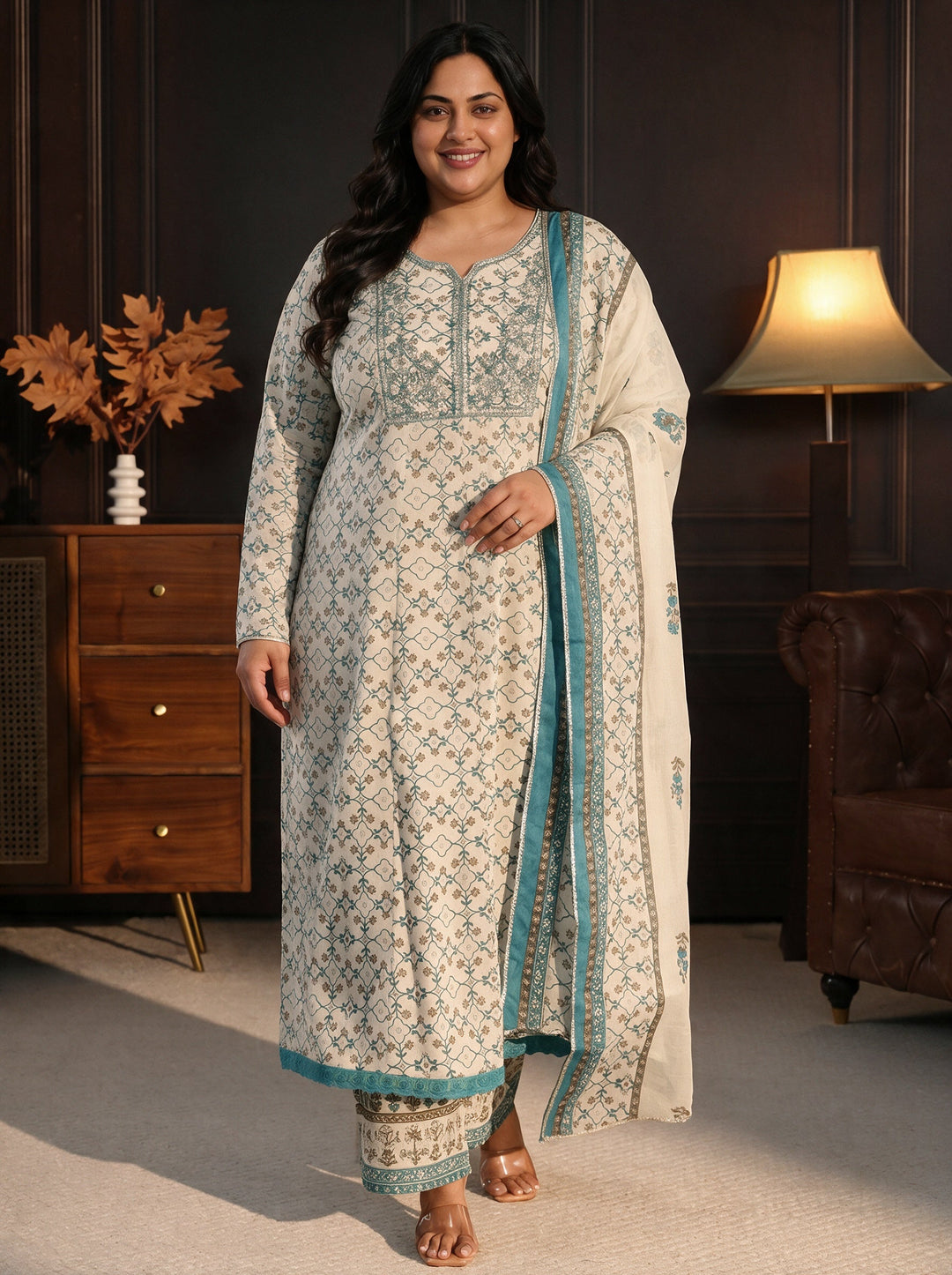  Plus Size White Floral Printed Cotton Anarkali Suit Set 