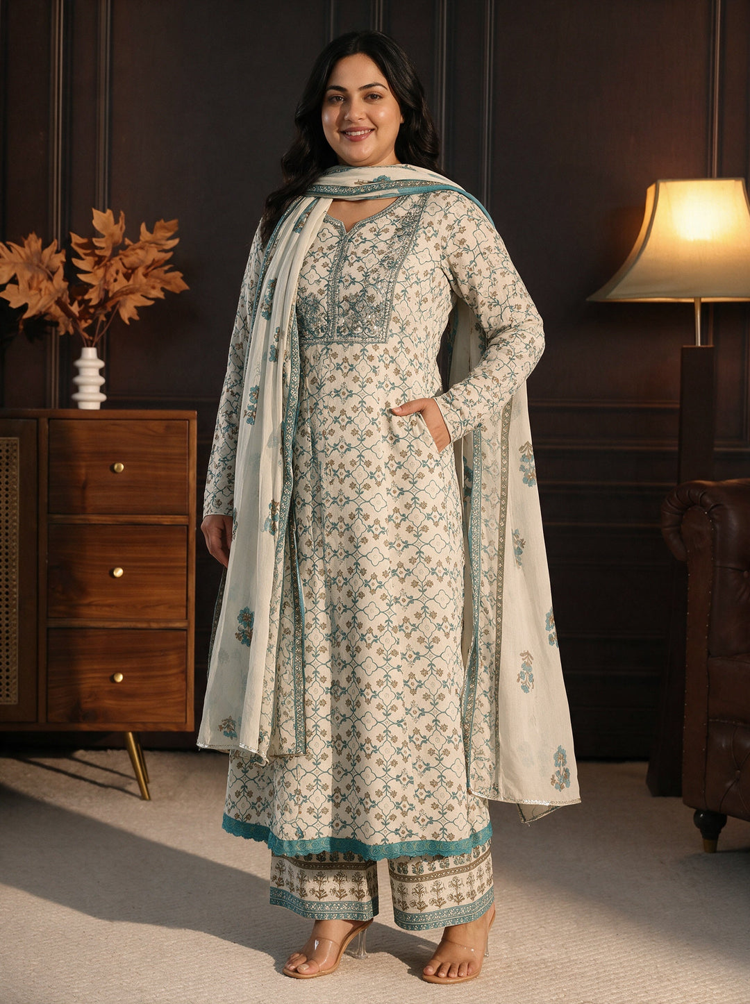  Plus Size White Floral Printed Cotton Anarkali Suit Set 
