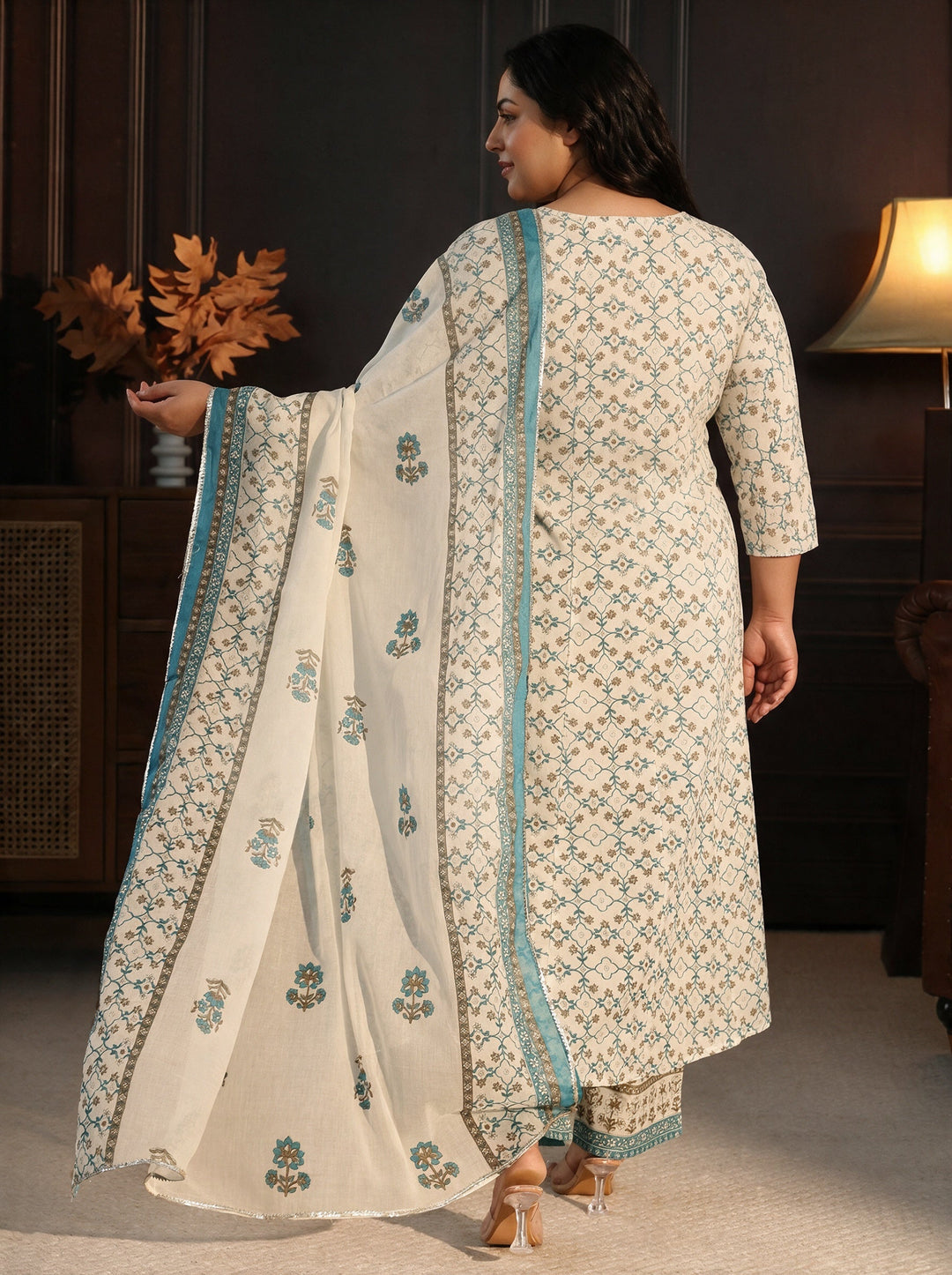  Plus Size White Floral Printed Cotton Anarkali Suit Set 