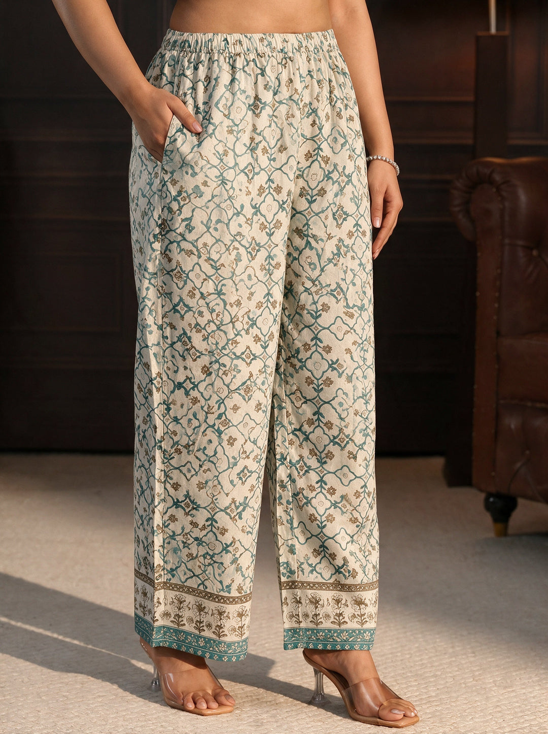  Plus Size White Floral Printed Cotton Anarkali Suit Set 