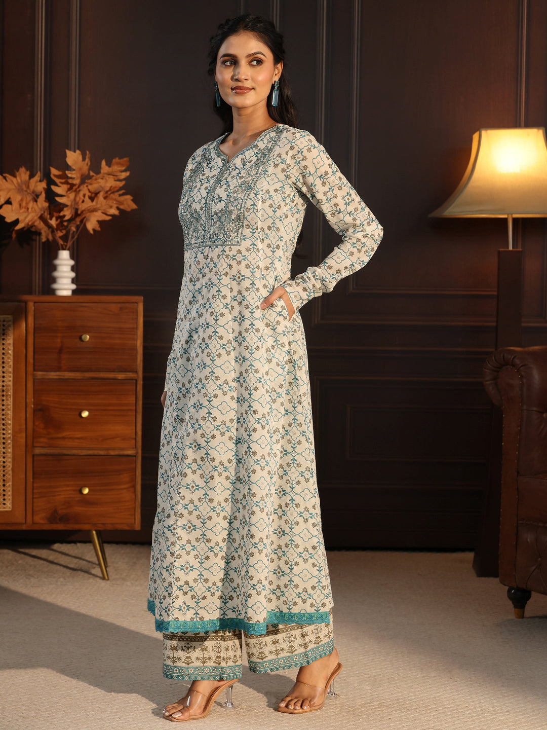  Libas White Floral Printed Cotton Anarkali Suit Set 