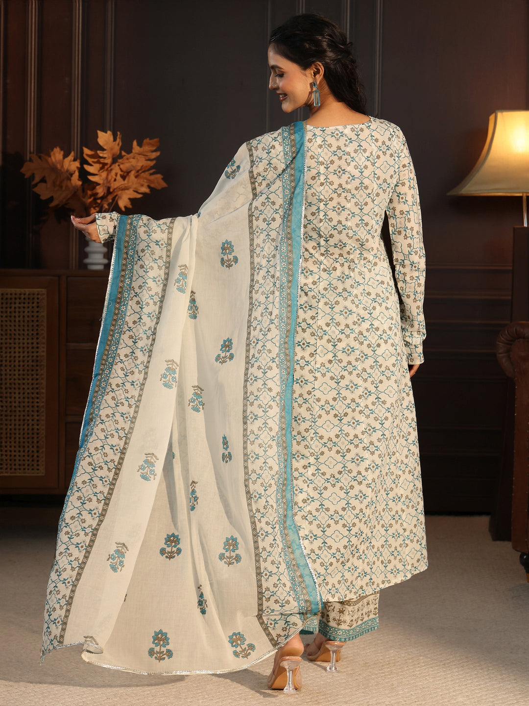  Libas White Floral Printed Cotton Anarkali Suit Set 