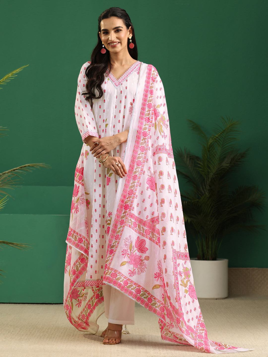  Libas White Floral Printed Cotton Anarkali Suit Set 