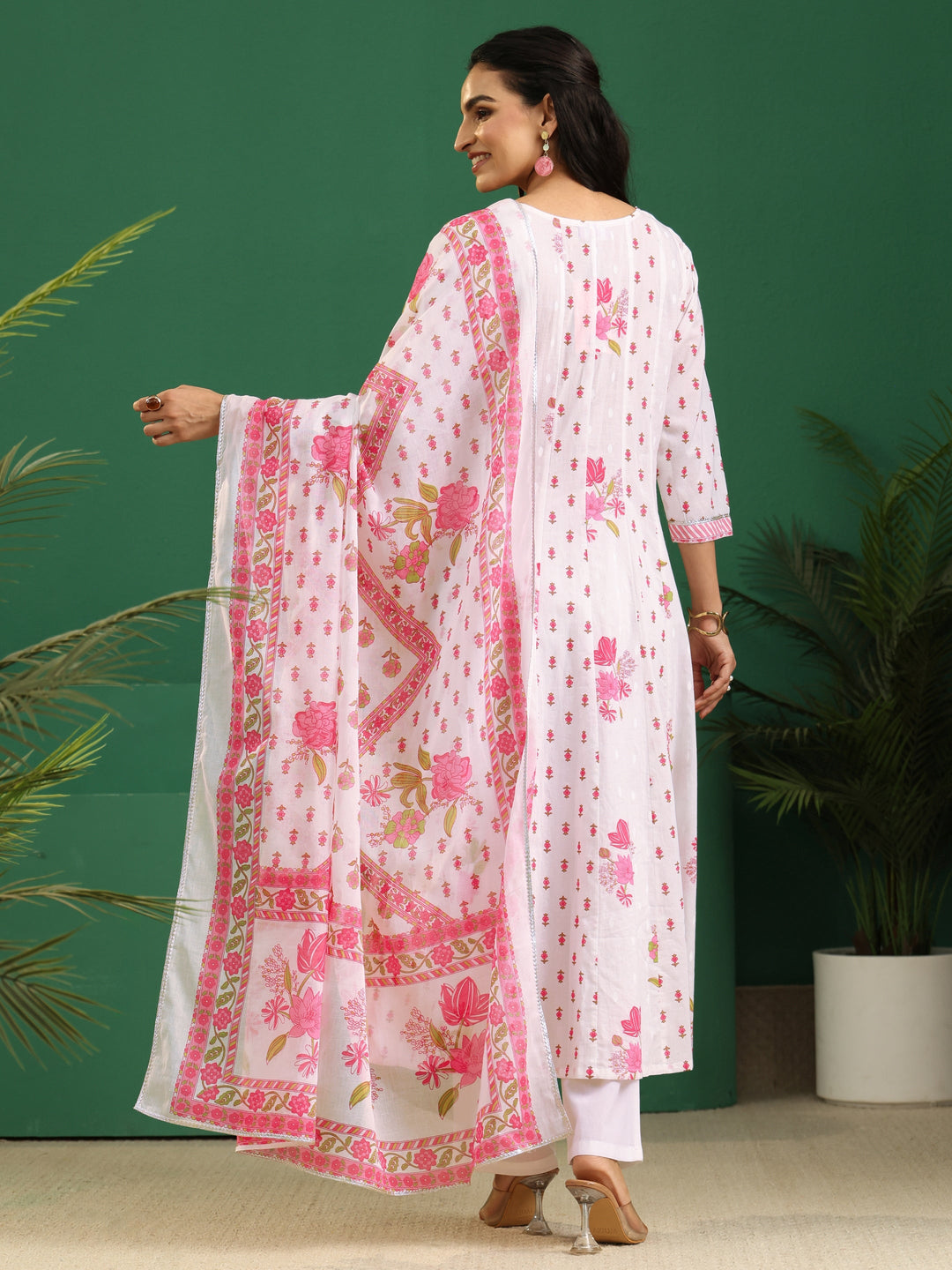  Libas White Floral Printed Cotton Anarkali Suit Set 