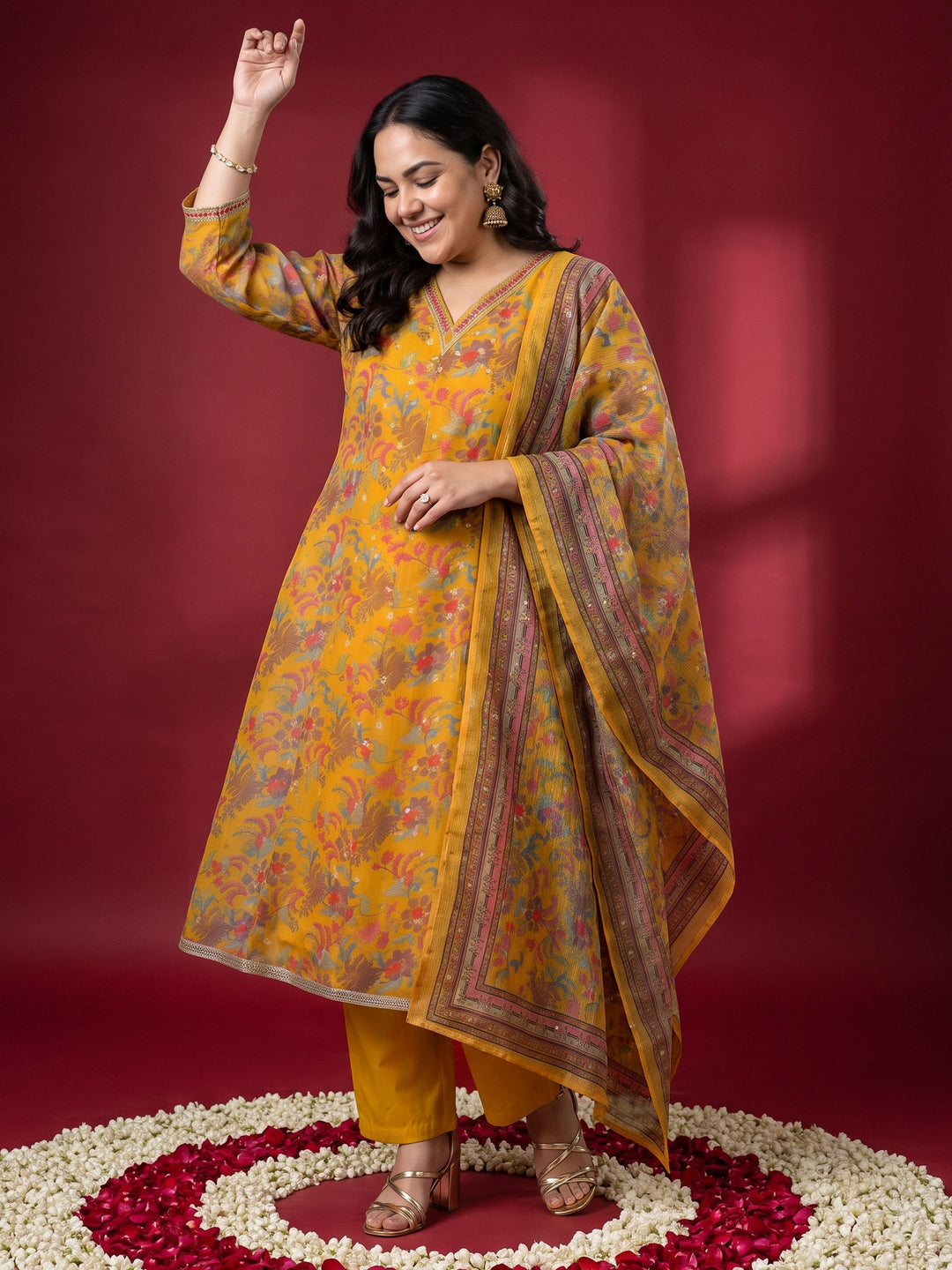  Plus Size Mustard Floral Printed Chiffon A-Line Suit Set 