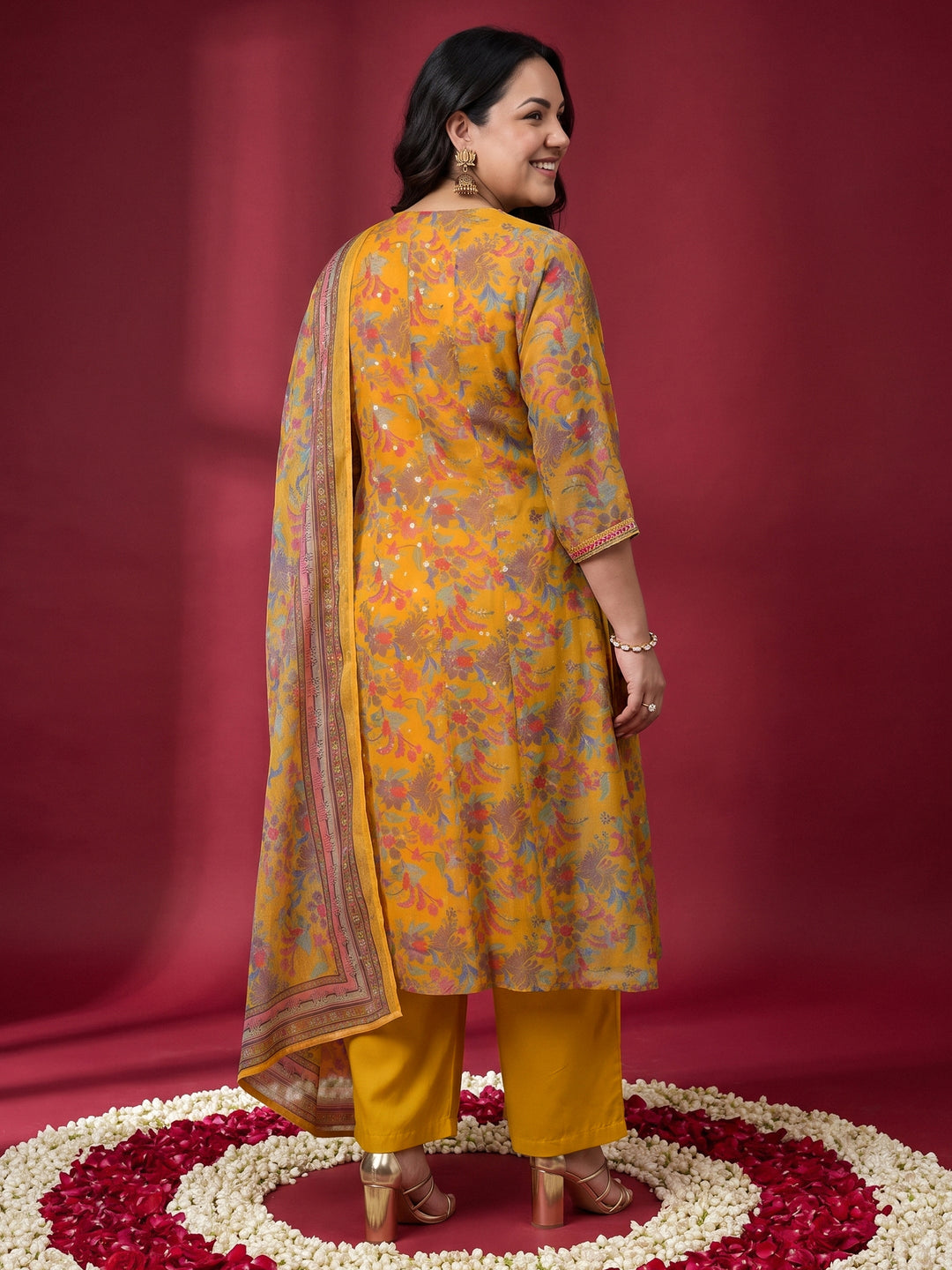  Plus Size Mustard Floral Printed Chiffon A-Line Suit Set 