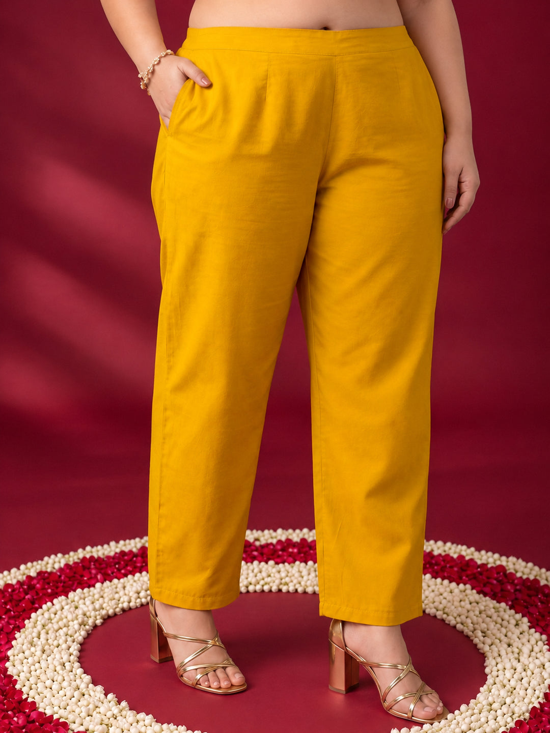  Plus Size Mustard Floral Printed Chiffon A-Line Suit Set 