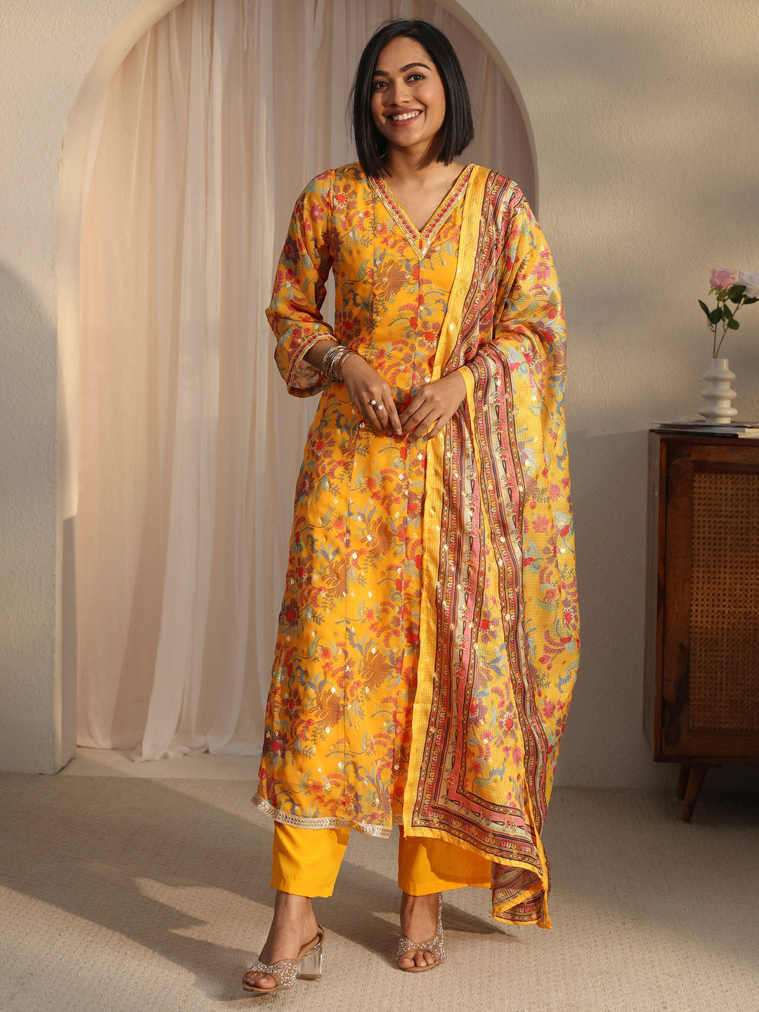  Libas Mustard Floral Printed Chiffon Anarkali Suit Set 