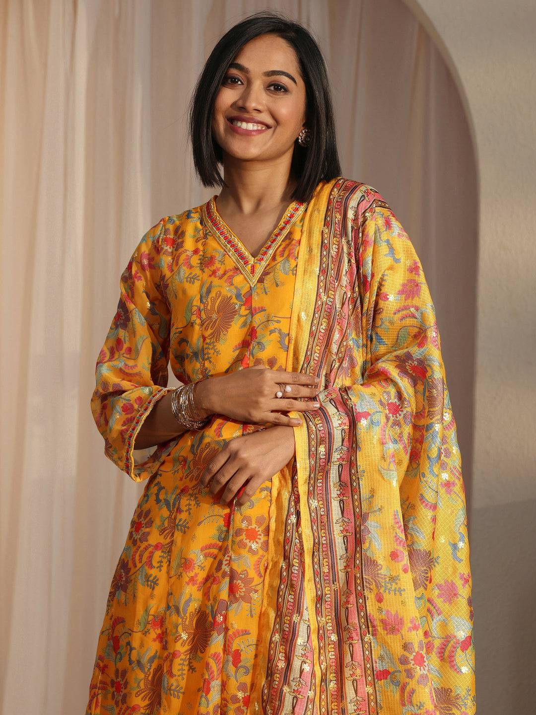  Libas Mustard Floral Printed Chiffon Anarkali Suit Set 