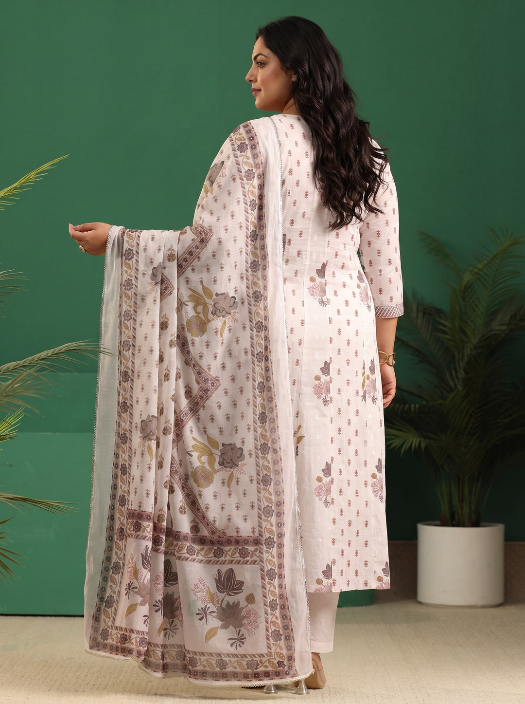  Plus Size Off White Floral Printed Cotton Anarkali Suit Set 