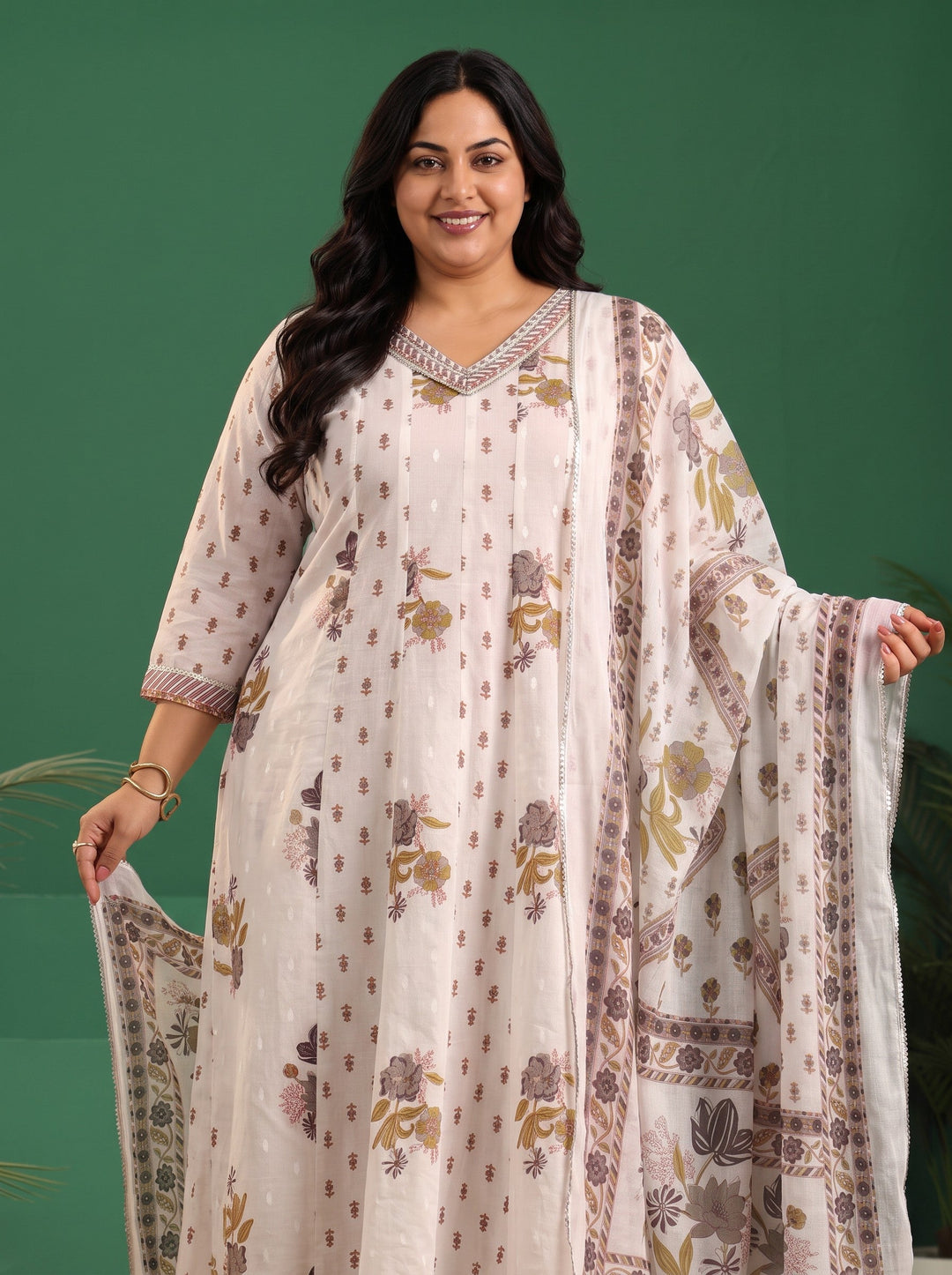  Plus Size Off White Floral Printed Cotton Anarkali Suit Set 