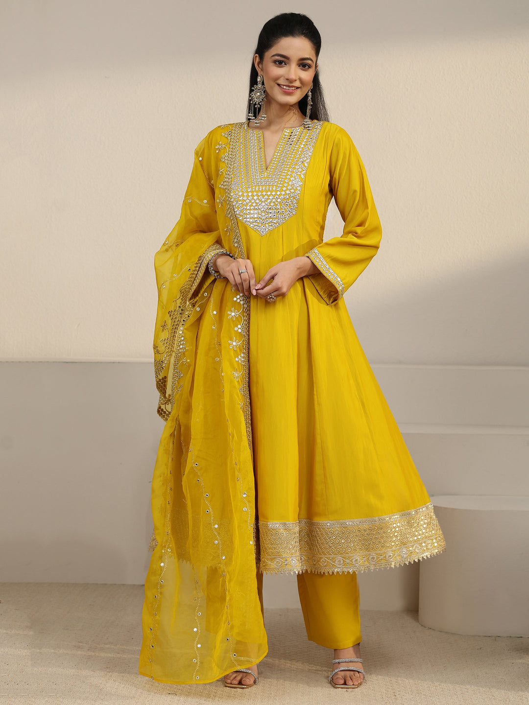  Libas Mustard Mirror Work Yoke Silk Blend Anarkali Suit Set 