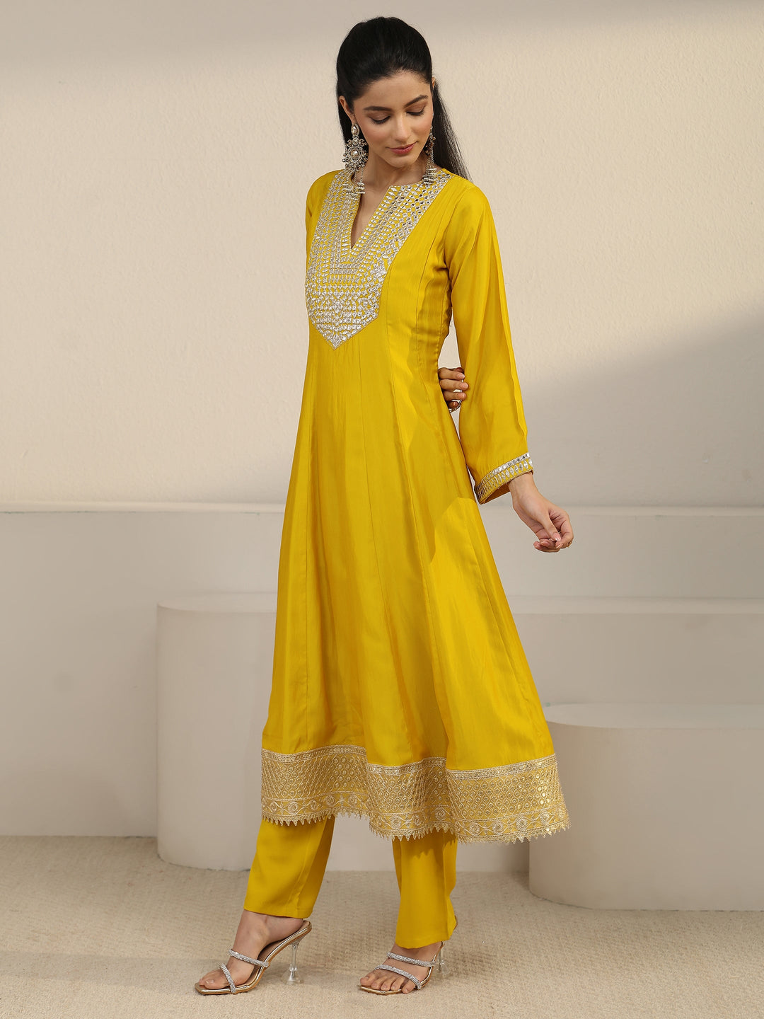  Libas Mustard Mirror Work Yoke Silk Blend Anarkali Suit Set 