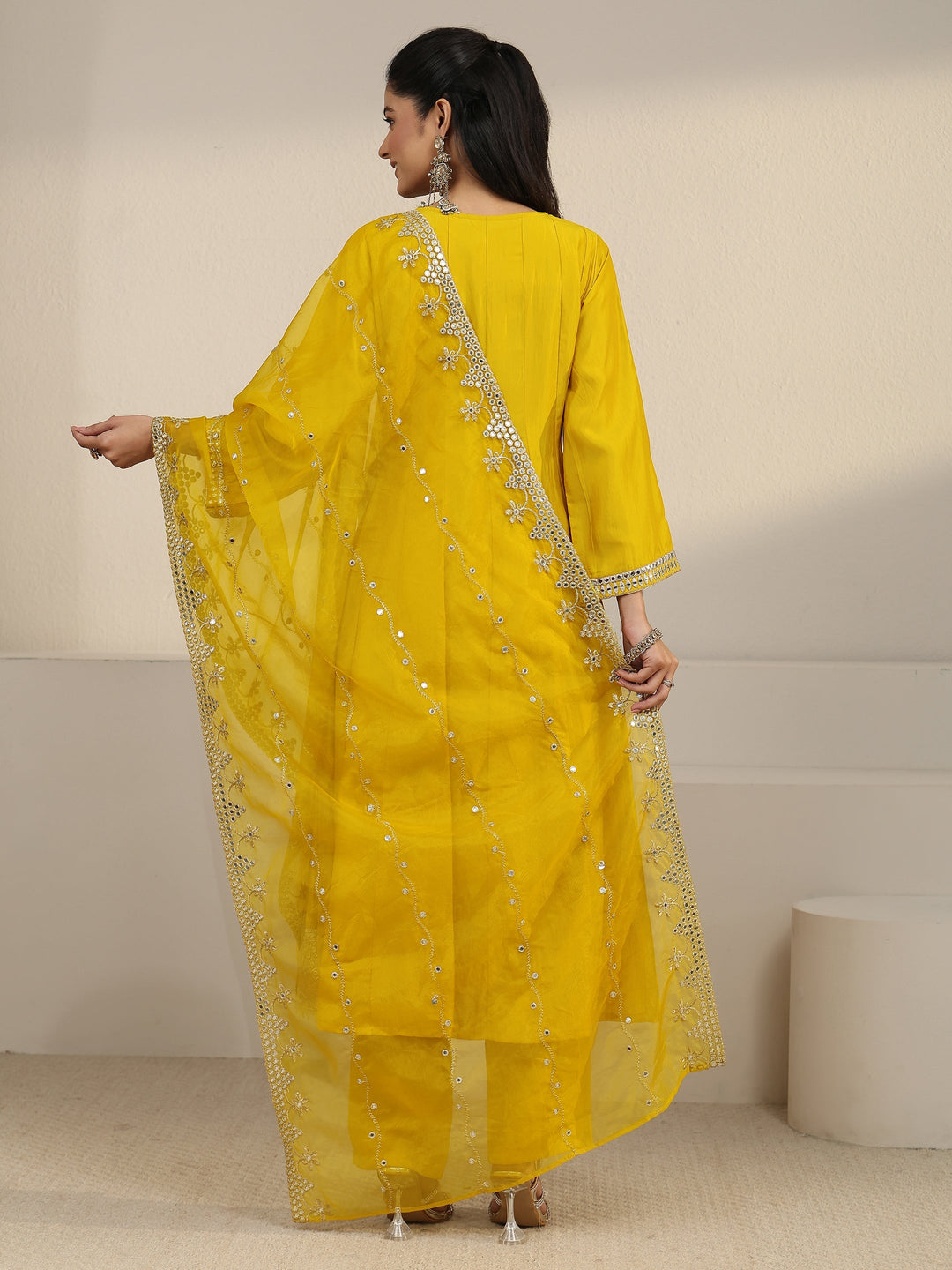  Libas Mustard Mirror Work Yoke Silk Blend Anarkali Suit Set 