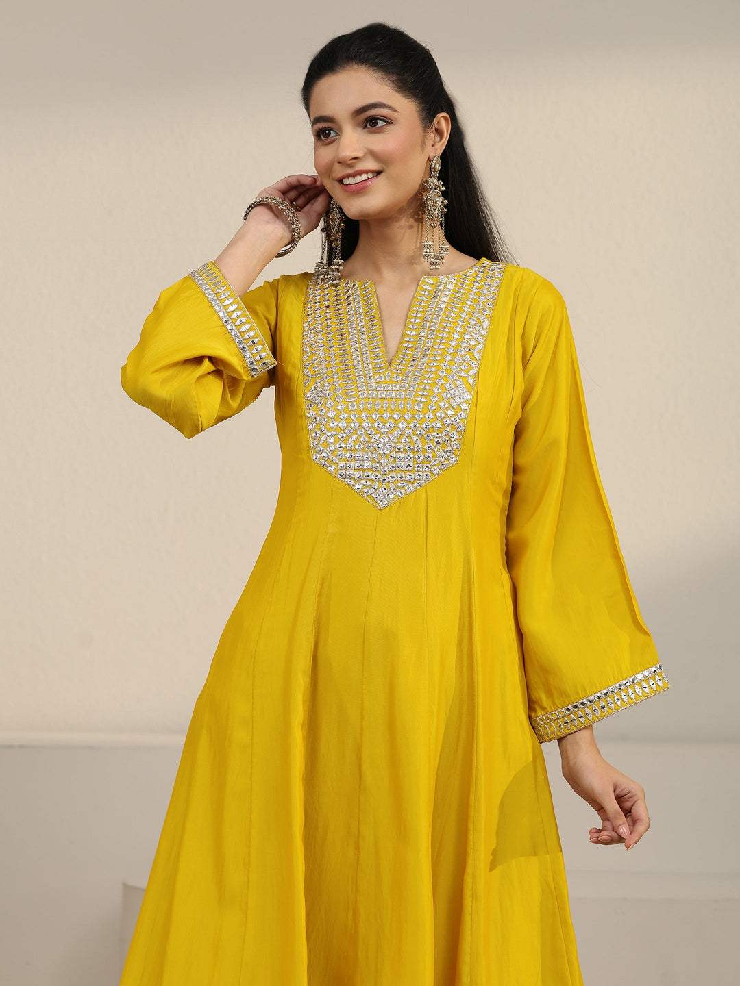  Libas Mustard Mirror Work Yoke Silk Blend Anarkali Suit Set 