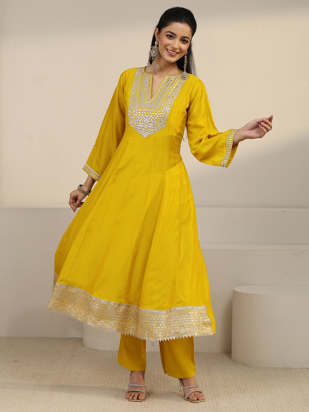  Libas Mustard Mirror Work Yoke Silk Blend Anarkali Suit Set 