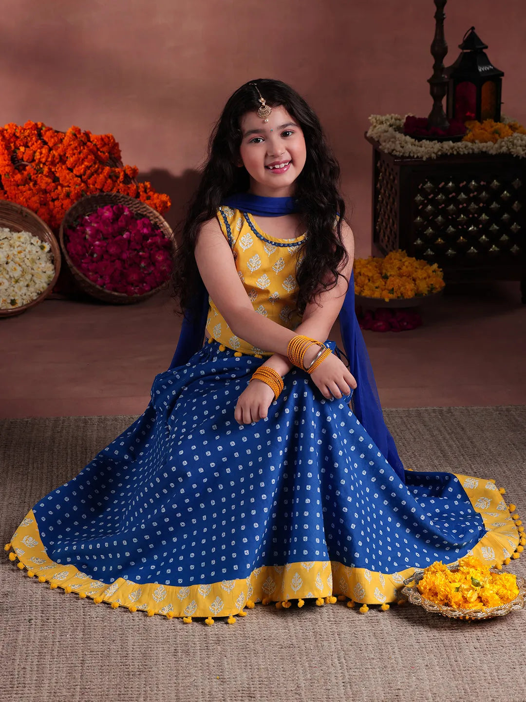 Libas Kids Yellow Cotton Printed Lehenga Set