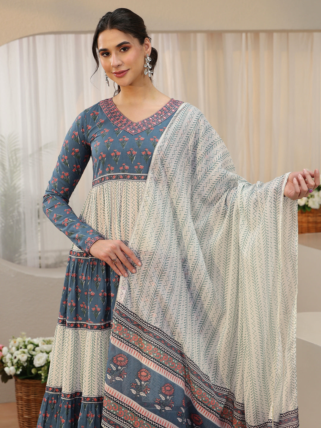  Libas Blue Floral Printed Cotton Anarkali Suit Set 