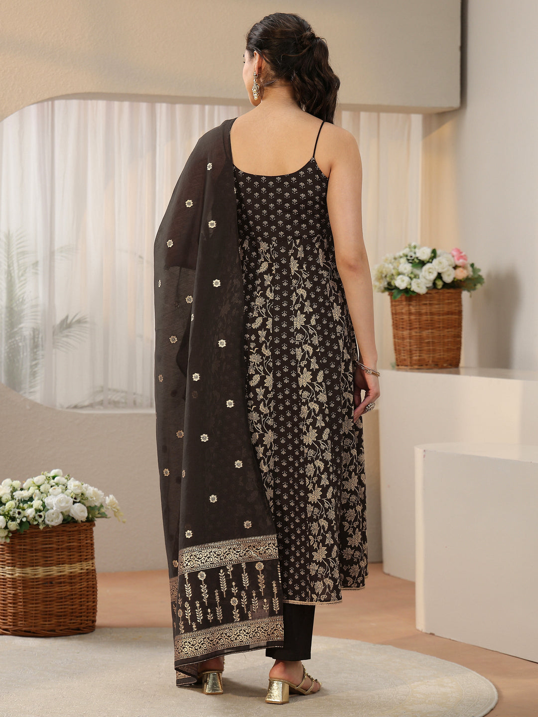  Libas Black Floral Printed Strappy Cotton Anarkali Suit Set 