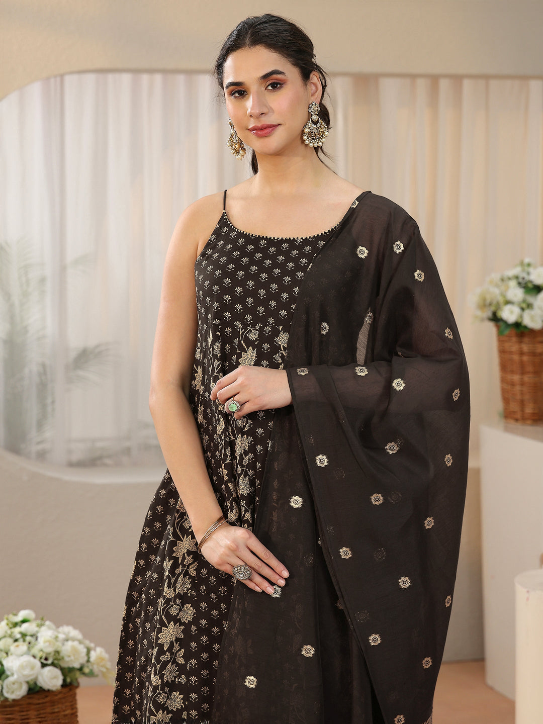  Libas Black Floral Printed Strappy Cotton Anarkali Suit Set 