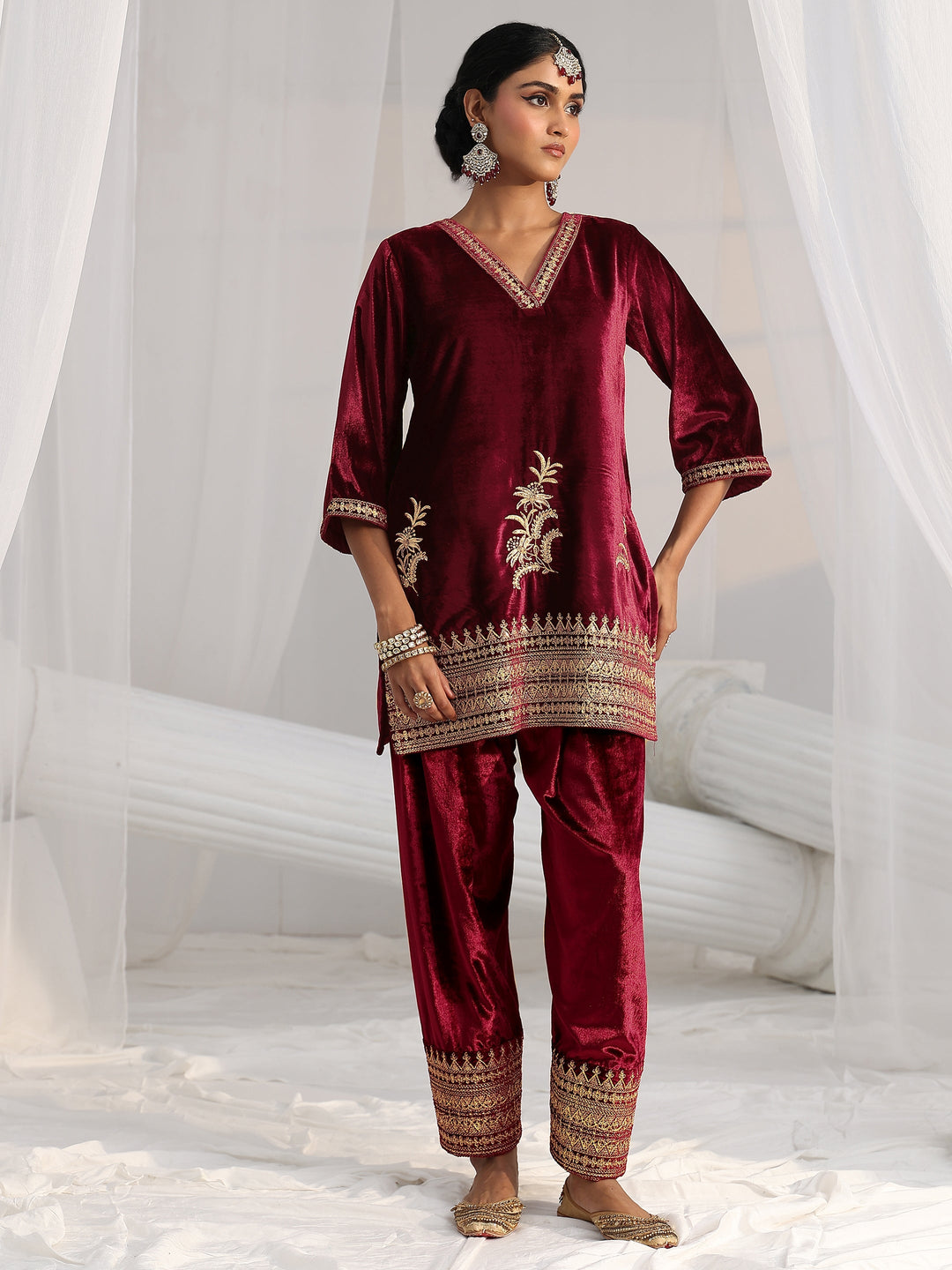  Libas Maroon Embroidered Velvet Co-Ord Set 