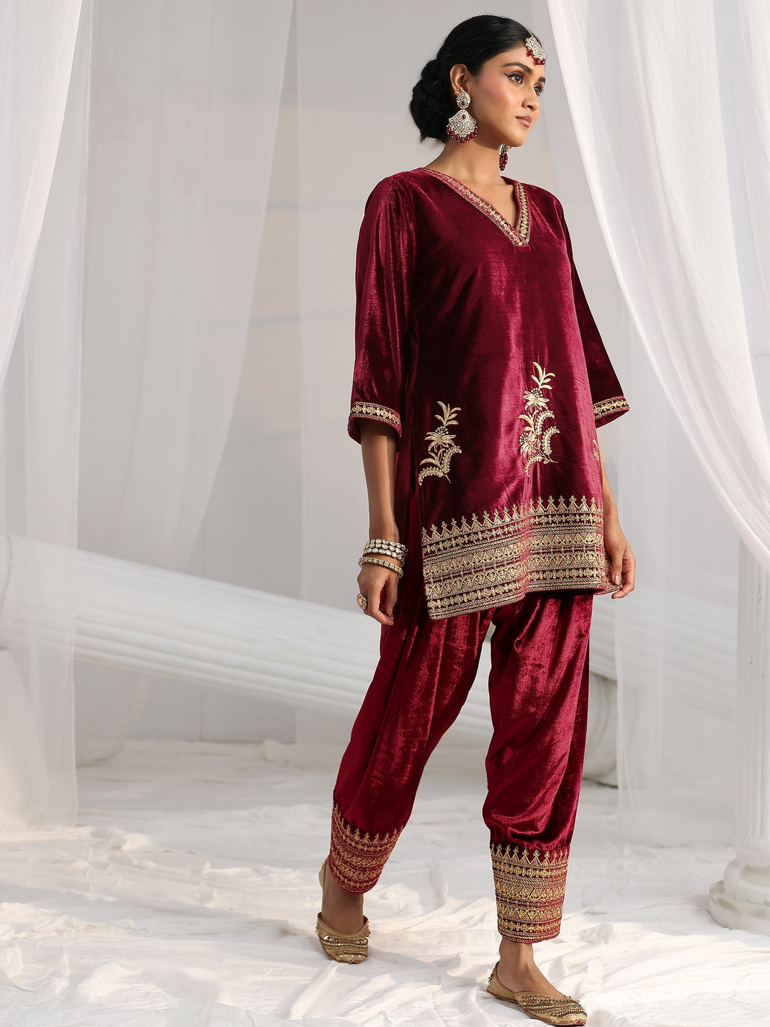  Libas Maroon Embroidered Velvet Co-Ord Set 