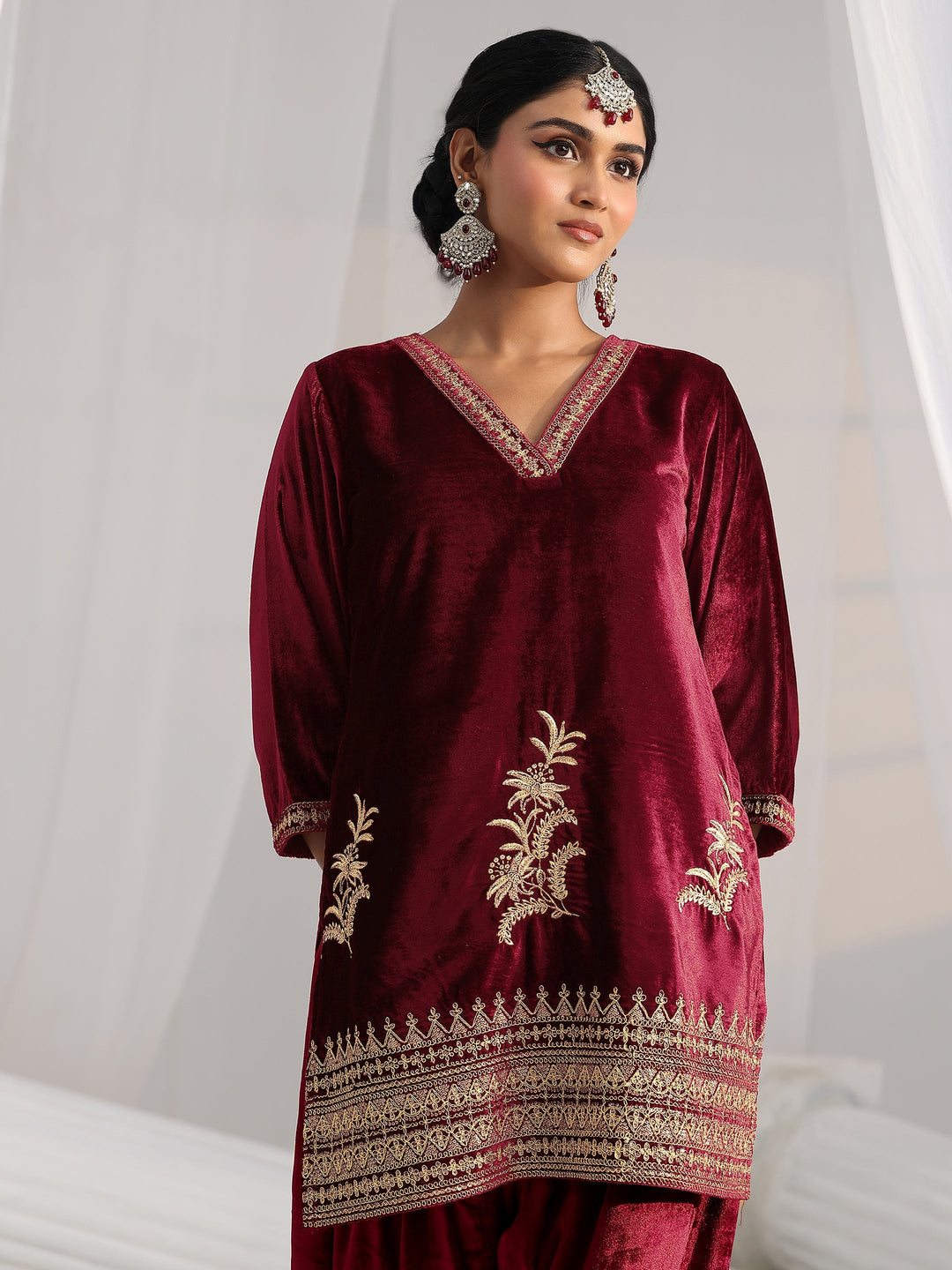  Libas Maroon Embroidered Velvet Co-Ord Set 